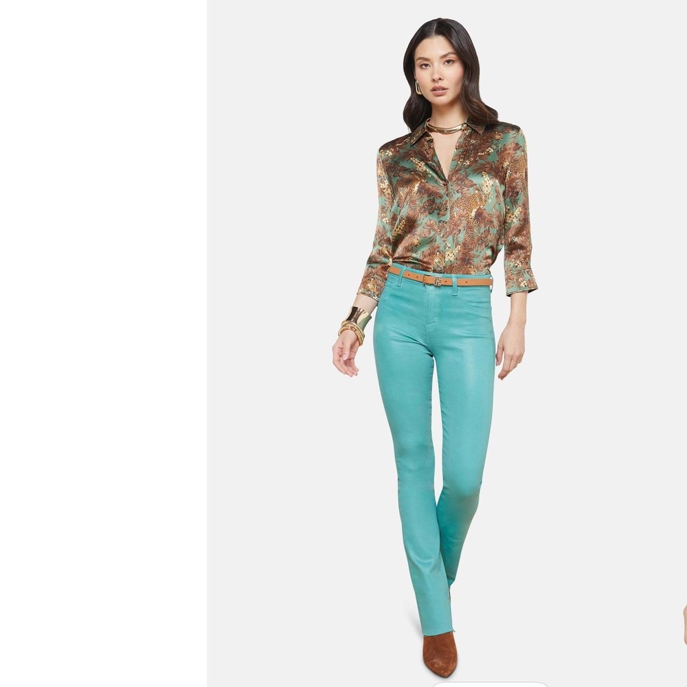 L'AGENCE Womens Dani Silk Blouse XS Olive Multi Palm Leopard Jungle Revolve Fall